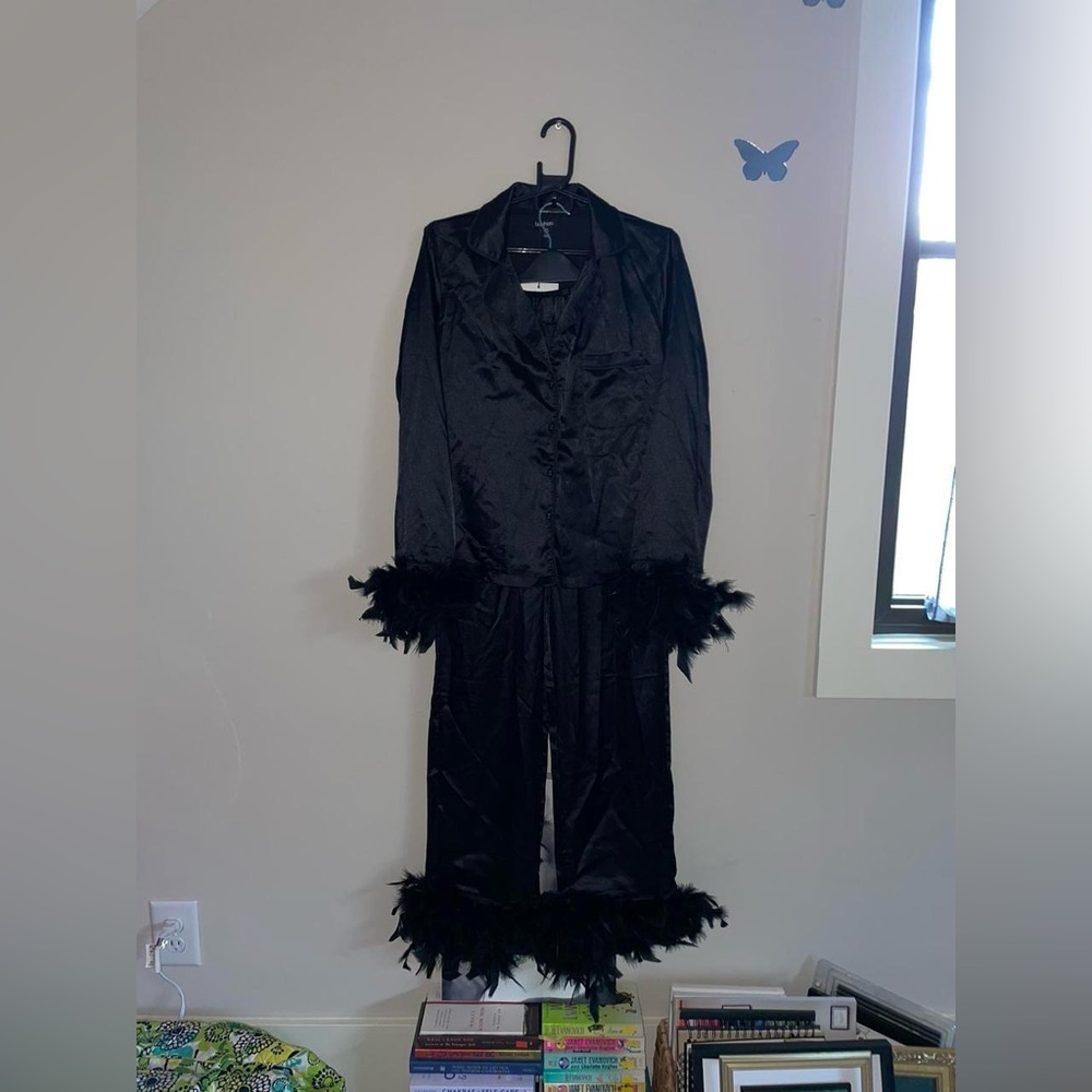 Boohoo Premium Feather Trim Pyjamas pajama set black